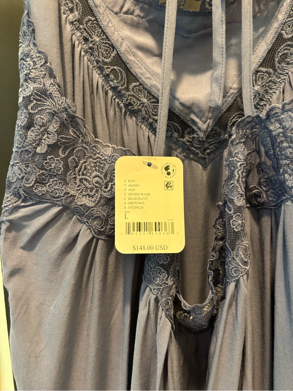 Free People Kiss Me Later Maxi Slip Dress Large Denim Wash Blue Navy Lace NWT - Picture 7 of 9